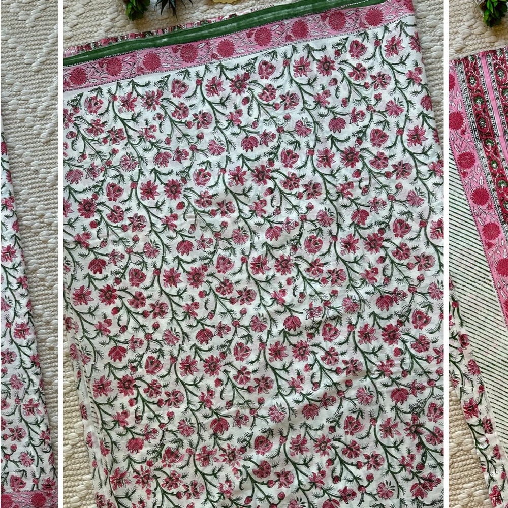 Floral Print Fabric with Pink and Green Accents New block Print cotton Saree - Picture 7 of 15